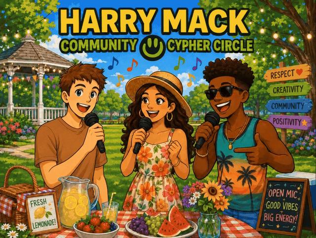 Discovery splash banner for Harry Mack Community Cypher Circle | Freestyle Rap Discord server