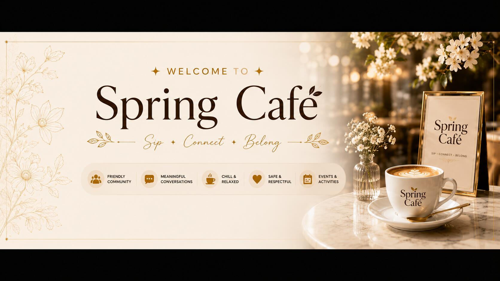 Discovery splash banner for Spring Café ☕ | Social • SFW • Hangout • VC • Active • Fun • Giveaways • Indian Discord server
