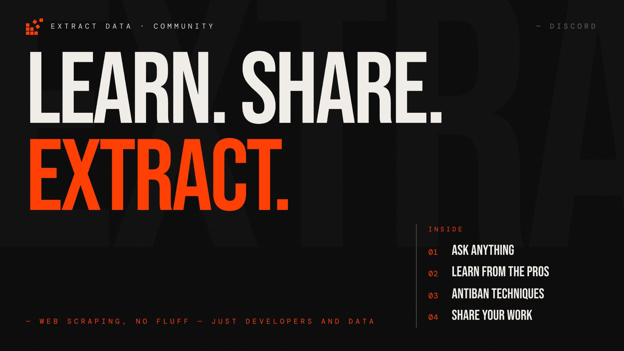 Discovery splash banner for Extract Data Community Discord server